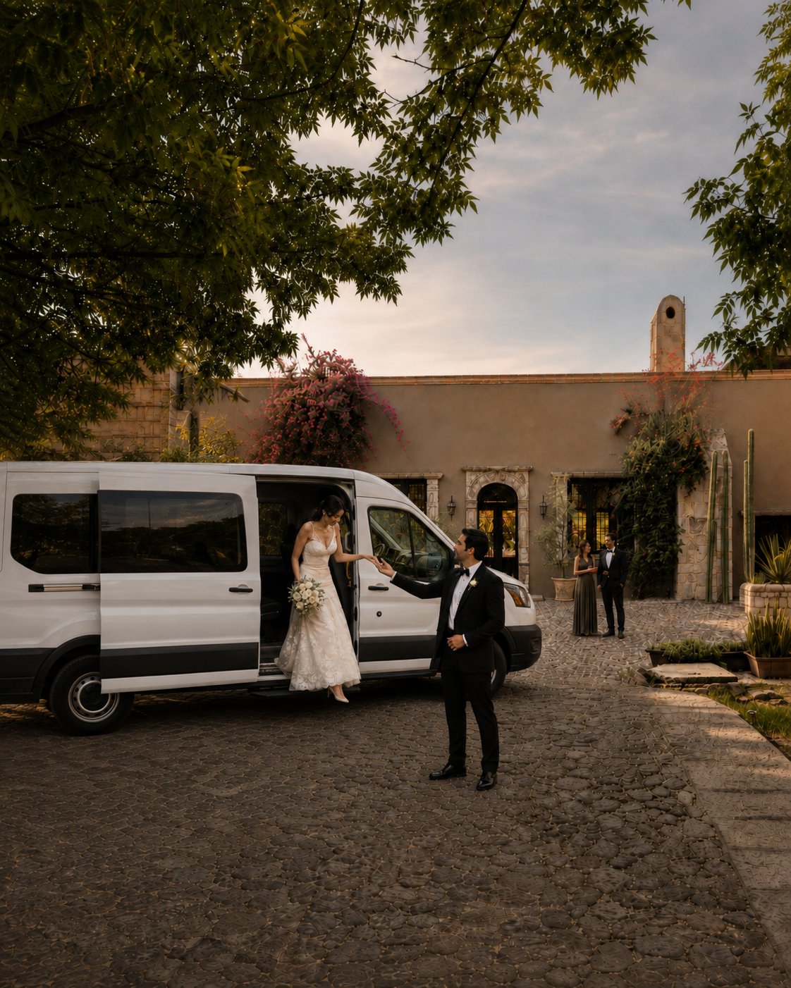 Transporte privado para boda frente a un venue en San Miguel de Allende